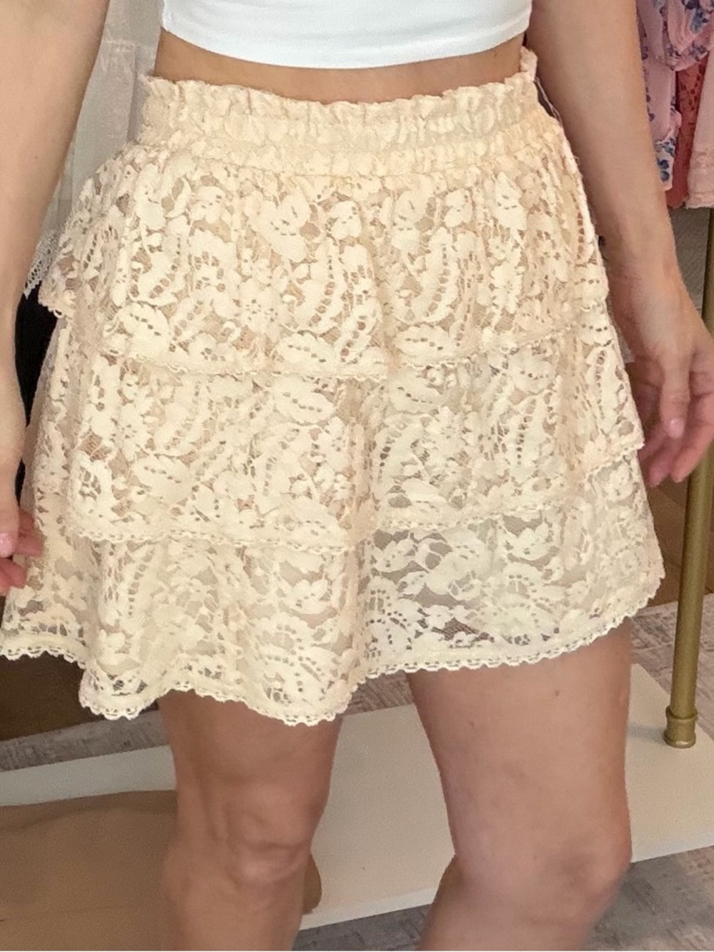 LoveShackFancy Cream Lace Tiered Mini Skirt